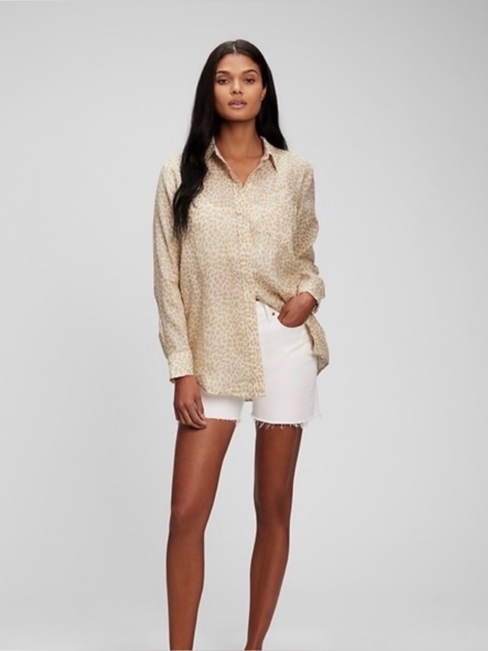 GAP 100% Linen Cream Beige Leopard-Print Button Down Shirt XL